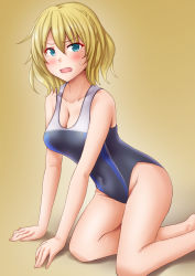 Rule 34 | 1girl, all fours, alternate costume, anti (untea9), barefoot, black one-piece swimsuit, blonde hair, blue eyes, blue one-piece swimsuit, braid, breasts, closed eyes, collarbone, colorado (kancolle), competition swimsuit, covered navel, embarrassed, gradient background, hair between eyes, highres, kantai collection, large breasts, looking at viewer, one-piece swimsuit, short hair, side braids, solo, sweater, swimsuit, yellow background