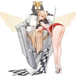 Rule 34 | 1girl, ass, blonde hair, blue eyes, blush, breasts, censored, censored nipples, checkered flag, clothes lift, flag, from behind, full body, game cg, gun, handgun, high heels, highres, huge breasts, last origin, leona of blood &amp; iron, long hair, looking at viewer, looking back, miniskirt, nipple slip, nipples, official art, pistol, race queen, rorobomb, sideboob, skirt, skirt lift, smile, solo, tachi-e, transparent background, trophy, underboob, very long hair, weapon, white footwear