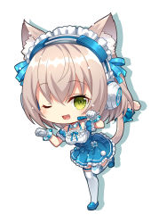 Rule 34 | 1girl, ;d, animal ear fluff, animal ears, bare shoulders, blue footwear, blue skirt, blue sleeves, blush, breasts, brown hair, capura lin, cat ears, cat girl, cat tail, chibi, collar, detached collar, detached sleeves, drop shadow, fang, frilled skirt, frills, full body, gloves, green eyes, guild cq, hands up, headphones, headset, itou yuna, loafers, looking at viewer, medium breasts, one eye closed, open mouth, pleated skirt, puffy short sleeves, puffy sleeves, shirt, shoes, short sleeves, skirt, smile, solo, standing, standing on one leg, tail, thighhighs, virtual youtuber, white background, white collar, white gloves, white shirt, white thighhighs, wing collar