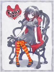 Rule 34 | 1girl, black dress, cape, chair, commentary, cosplay, doll, dress, goth fashion, iesupa, name connection, pantyhose, red cape, revision, ruby gloom, ruby gloom (character), ruby gloom (cosplay), ruby rose, rwby, sitting, solo, striped clothes, striped pantyhose