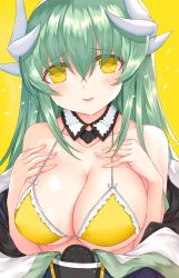 Rule 34 | 1girl, aqua hair, bad id, bad pixiv id, bare shoulders, bikini, blush, breasts, cleavage, collarbone, detached collar, fate/grand order, fate (series), frilled bikini, frills, hair between eyes, hands on own chest, highres, horns, japanese clothes, kimono, kiyohime (fate), kiyohime (fate/grand order), kiyohime (swimsuit lancer) (fate), kiyohime (swimsuit lancer) (first ascension) (fate), large breasts, long hair, looking at viewer, morizono shiki, off shoulder, open clothes, open kimono, parted lips, simple background, smile, solo, swimsuit, upper body, yellow background, yellow bikini, yellow eyes
