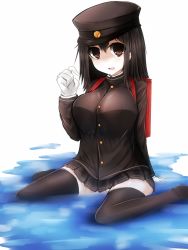 Rule 34 | 10s, 1girl, akitsu maru (kancolle), alternate eye color, bad id, bad pixiv id, black hair, black skirt, black thighhighs, breasts, buttons, colored skin, gloves, hat, highres, kantai collection, large breasts, long sleeves, military, military uniform, miniskirt, orange eyes, pale skin, peaked cap, pleated skirt, short hair, sitting, skirt, solo, thighhighs, uniform, wada kazu, wading, water, white gloves, white skin
