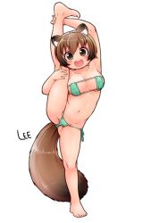 Rule 34 | 1girl, :d, animal ear fluff, animal ears, armpits, artist name, bare legs, barefoot, bikini, blush, breasts, brown eyes, brown hair, collarbone, commentary request, feet, full body, gluteal fold, green bikini, hair between eyes, hand on own leg, large breasts, lee (colt), leg up, looking at viewer, micro bikini, miku (lee), navel, open mouth, original, raccoon ears, raccoon girl, raccoon tail, short hair, side-tie bikini bottom, simple background, smile, solo, split, standing, standing on one leg, standing split, stomach, string bikini, swimsuit, tail, toes, white background