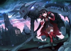 Rule 34 | 1girl, 1other, bandages, black footwear, black hair, black vest, boots, brown shorts, cape, demon, fangs, halloween, monster, nyxkz, open mouth, original, pale skin, pointy ears, red eyes, red neckwear, red thighhighs, ruins, short eyebrows, short hair, short shorts, shorts, smile, standing, thick eyebrows, thighhighs, thighhighs under boots, vampire, vest