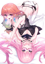 Rule 34 | 2girls, all fours, bespectacled, black bra, book, bra, breasts, butt crack, cleavage, earrings, feather earrings, feathers, glasses, gradient hair, green hair, highres, holding, holding book, hololive, hololive english, jewelry, large breasts, lingerie, long hair, looking at viewer, looking up, lying, medium breasts, mori calliope, multicolored hair, multiple girls, on back, on bed, open hand, orange hair, panties, pink hair, takanashi kiara, thighhighs, underwear, underwear only, virtual youtuber, white panties, yaguo