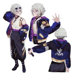 Rule 34 | bare shoulders, blue eyes, blue jacket, character sheet, chinese clothes, csyday, eyewear on head, fate/grand order, fate (series), grey hair, hair between eyes, holding, holding microphone, jacket, jewelry, male focus, microphone, multiple views, prince of lan ling (fate), puffy pants, ring, sunglasses
