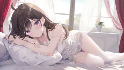 Rule 34 | 1girl, :o, ahoge, brown hair, character request, commission, crossed arms, indie virtual youtuber, kurage cc, looking at viewer, lying, on bed, on side, pillow, plant, potted plant, purple eyes, red curtains, skeb commission, solo, spaghetti strap, strap slip, thighhighs, virtual youtuber, white thighhighs, window