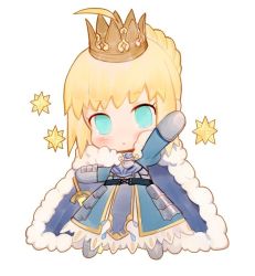 Rule 34 | 1girl, ahoge, armor, armored dress, artoria pendragon (fate), blonde hair, blue dress, blue eyes, braid, cape, chibi, crown, dress, fate/grand order, fate/stay night, fate (series), faulds, full body, fur trim, gauntlets, hand up, looking at viewer, purple cape, rosette (yankaixuan), saber (fate), saint quartz (fate), simple background, solo, standing, stellated octahedron, white background