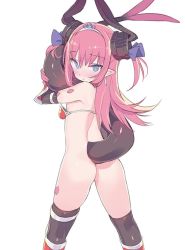 Rule 34 | 1girl, armor, armored boots, ass, bikini armor, black thighhighs, blade (galaxist), blue eyes, blush, boots, bottomless, closed mouth, curled horns, dragon girl, dragon horns, dragon tail, earrings, elizabeth bathory (brave) (fate), elizabeth bathory (fate), fate/grand order, fate (series), hair between eyes, hair ribbon, holding own tail, horns, hugging own tail, hugging tail, jewelry, knee boots, long hair, looking at viewer, looking back, oversized clothes, pauldrons, pink hair, pointy ears, purple ribbon, red armor, red footwear, ribbon, shoulder armor, simple background, solo, standing, tail, tail raised, tail wrap, thighhighs, tiara, two side up, vambraces, very long hair, white background