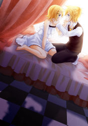 Rule 34 | 1boy, 1girl, bad id, bad pixiv id, barefoot, bed, blonde hair, blue eyes, brother and sister, cendrillon (vocaloid), dress, hair ornament, hairclip, highres, kagamine len, kagamine rin, kneeling, necktie, ryou (pixiv247657), short hair, siblings, skirt, smile, suzumi (fallxalice), twins, vocaloid, white dress, white skirt