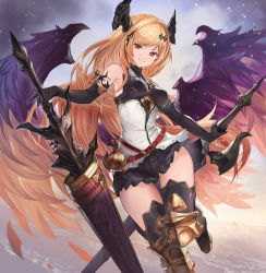 Rule 34 | 1girl, angel wings, armor, bare shoulders, black gloves, black skirt, black thighhighs, blonde hair, boots, closed mouth, dark angel olivia, dual wielding, elbow gloves, feathered wings, flying, gloves, gradient background, granblue fantasy, hair ornament, highres, holding, holding sword, holding weapon, horns, knee pads, light smile, long hair, looking at viewer, miniskirt, multicolored wings, pleated skirt, red eyes, shirt, sidelocks, skirt, sleeveless, sleeveless shirt, solo, sword, taba comya, thigh boots, thighhighs, weapon, white shirt, wings