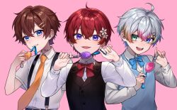 Rule 34 | 3boys, absurdres, ahoge, blue eyes, blush, bow, bowtie, brown hair, character request, commentary request, copyright request, cord pull, crime prevention buzzer, green eyes, heterochromia, highres, looking at viewer, male focus, multicolored hair, multiple boys, nanin, necktie, pink background, purple eyes, red hair, shirt, shukusei!! loli-gami requiem, streaked hair, sweater vest, white shirt