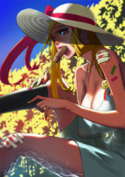 Rule 34 | 1girl, bad id, bad pixiv id, badge, bandages, blonde hair, blood, breasts, button badge, cleavage, dress, food, hat, huge breasts, jellytits-7, kneehighs, korean text, long hair, nail polish, original, popsicle, red eyes, sexually suggestive, single sock, sitting, socks, solo, straw hat