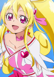 Rule 34 | 1girl, aida mana, bare shoulders, blonde hair, blue background, brooch, choker, cure heart, dokidoki! precure, female focus, heart, heart brooch, long hair, looking at viewer, magical girl, oimanji, open mouth, pink eyes, ponytail, precure, solo