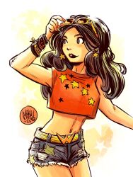 Rule 34 | 1girl, absurdres, artist name, black eyes, black hair, bracelet, commentary, cowboy shot, dc comics, english commentary, eyewear on head, highres, jewelry, long hair, looking to the side, midriff, mike maihack, navel, red shirt, shirt, short shorts, shorts, teen titans, western comics (style), wonder girl, wonder woman (series)