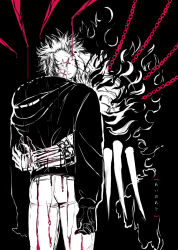 Rule 34 | 2boys, aikawa (dorohedoro), blonde hair, blood, blood on clothes, chain, chained, climaxmukr, colored tips, couple, crying, death, demon boy, disappear, dorohedoro, extra eyes, facial mark, greyscale, headless, hug, impaled, male focus, monochrome, mourning, multicolored hair, multiple boys, no eyebrows, risu (dorohedoro), spoilers, spot color, yaoi