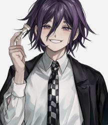 Rule 34 | 1boy, black jacket, checkered clothes, checkered necktie, checkered neckwear, chess piece, collared shirt, commentary, danganronpa (series), danganronpa v3: killing harmony, grey background, grin, hair between eyes, highres, holding, jacket, jacket on shoulders, king (chess), long sleeves, looking at viewer, male focus, muuyiie, necktie, official alternate costume, oma kokichi, purple eyes, purple hair, shirt, simple background, smile, solo, symbol-only commentary, teeth, upper body, white background, white shirt