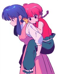 Rule 34 | 2girls, ass, bow, braid, braided ponytail, breasts, carrying, closed mouth, couple, dress, hair bow, highres, multiple girls, piggyback, pink dress, ranma-chan, ranma 1/2, red hair, sanamaru (sana79261827), simple background, tendou akane, yellow bow
