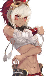 Rule 34 | 1girl, abs, adjusting clothes, bandaged arm, bandaged hand, bandages, beads, blush, chest sarashi, clenched teeth, commentary request, dark-skinned female, dark skin, facial mark, facial tattoo, fang, fire emblem, fire emblem fates, gold trim, highres, light blush, looking at viewer, mask, mask on head, muscular, muscular female, nintendo, ormille, parted lips, red eyes, rinkah (fire emblem), sarashi, short hair, simple background, solo, tattoo, teeth, toned, upper body, whisker markings, white background