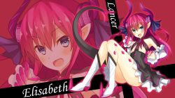 Rule 34 | 10s, 1girl, :d, asymmetrical horns, bad id, bad pixiv id, black dress, blue eyes, blush, boots, character class, character name, claws, close-up, detached sleeves, dress, elizabeth bathory (fate), elizabeth bathory (fate/extra ccc), elizabeth bathory (first ascension) (fate), fang, fate/extra, fate/extra ccc, fate (series), hair ornament, hair ribbon, highres, horns, knee boots, komori kuzuyu, long hair, long sleeves, looking at viewer, open mouth, pointy ears, pointy footwear, red background, red hair, ribbon, shoes, sitting, smile, solo, tail, two side up, uneven horns, white footwear