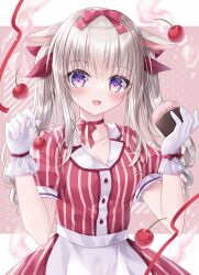 Rule 34 | 1girl, :d, animal ears, apron, blush, bow, breasts, cherry, choker, cleavage, collarbone, collared shirt, commentary request, cupcake, dress shirt, food, fruit, gloves, grey hair, hair between eyes, hair bow, hands up, highres, holding, holding food, kohinata hoshimi, long hair, medium breasts, open mouth, original, puffy short sleeves, puffy sleeves, purple eyes, rabbit ears, red bow, red choker, red shirt, red skirt, revision, ringlets, shirt, short sleeves, skirt, smile, solo, striped clothes, striped shirt, striped skirt, twintails, vertical-striped clothes, vertical-striped shirt, vertical-striped skirt, waist apron, white apron, white gloves