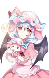 Rule 34 | 1girl, ametama (runarunaruta5656), bat wings, blue hair, blush, capelet, closed mouth, cowboy shot, dress, embarrassed, fang, fang out, furrowed brow, hat, hat ribbon, highres, hugging object, looking at viewer, mob cap, my melody, onegai my melody, pink dress, red eyes, remilia scarlet, ribbon, sad, sanrio, short hair, simple background, solo, stuffed animal, stuffed toy, touhou, vampire, white background, wings