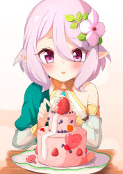 Rule 34 | 1girl, ame., bare shoulders, blue sleeves, blush, cake, commentary request, detached sleeves, dress, flower, food, hair between eyes, hair flower, hair ornament, highres, kokkoro (princess connect!), long sleeves, parted lips, pink hair, plate, pointy ears, princess connect!, puffy long sleeves, puffy sleeves, purple eyes, see-through, see-through sleeves, sleeveless, sleeveless dress, smile, solo, upper body, white dress, white flower