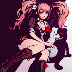 Rule 34 | 10s, 1girl, animal hair ornament, bear hair ornament, blue eyes, boots, bow, breasts, cleavage, cross-laced footwear, danganronpa: trigger happy havoc, danganronpa (series), enoshima junko, hair ornament, ilya kuvshinov, lace-up boots, long hair, monokuma, necktie, pink hair, pleated skirt, school uniform, skirt, sleeves rolled up, smile, solo, spoilers, twintails