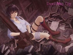 Rule 34 | 1girl, black hair, breasts, cleavage, commentary request, devil may cry (series), devil may cry 3, gloves, highres, jewelry, lady (devil may cry), medium breasts, necklace, open mouth, red eyes, scar, short hair, sitting, solo, thigh strap, weapon
