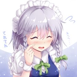 Rule 34 | 1girl, blue dress, blush, bow, closed eyes, dress, green bow, green neckwear, hair between eyes, hand on own face, hand up, highres, izayoi sakuya, open mouth, riretsuto, short hair, short sleeves, short twintails, silver hair, smile, solo, touhou, twintails, white headwear, white sleeves