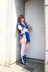 Rule 34 | 1girl, asian, breasts, cosplay, dead or alive, door, highres, kasumi (doa), kasumi (doa) (cosplay), long hair, looking at viewer, namada, outdoors, panties, pelvic curtain, photo (medium), red hair, sandals, side-tie panties, small breasts, smile, solo, tecmo, thighhighs, tile floor, tiles, underwear, white thighhighs