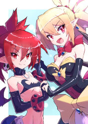 Rule 34 | 2girls, :d, bare shoulders, blonde hair, bow, breasts, choker, detached sleeves, disgaea, dress, earrings, elbow gloves, etna (disgaea), flat chest, gloves, highres, holding hands, jewelry, looking at viewer, makai senki disgaea 2, medium breasts, multiple girls, open mouth, pointy ears, red bow, red eyes, red hair, rozalin, skull earrings, slit pupils, smile, strail cycleman, strapless, strapless dress, wings, yellow bow