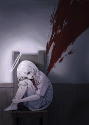 Rule 34 | 1girl, absurdres, angel, blood, blood on clothes, blood on face, blood splatter, commentary request, halo, highres, indoors, long hair, looking at viewer, original, red eyes, sakiika0513, shirt, sitting, skirt, white hair, white shirt, white skirt, wooden chair