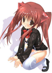 Rule 34 | 1girl, :o, aloe, aloe (quiz magic academy), animal ears, arms between legs, black dress, blush, bow, bowtie, brown eyes, brown hair, cat ears, cum, cum on body, cum on clothes, cum on hair, cum on lower body, dress, long hair, long sleeves, looking at viewer, mary janes, nipples, open clothes, panties, parted lips, quiz magic academy, shoes, solo, squatting, thighhighs, tororo (toriaezu), twintails, underwear, white panties, white thighhighs