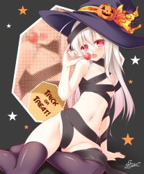 Rule 34 | 1girl, albino, artist name, black thighhighs, blush, breasts, candy, covered erect nipples, food, hair ornament, hairclip, halloween, hat, hat ribbon, highres, jack-o&#039;-lantern, lethe-shion, lollipop, long hair, md5 mismatch, naked ribbon, navel, original, pumpkin, red eyes, ribbon, simple background, sitting, small breasts, solo, star (symbol), thighhighs, tongue, tongue out, trick or treat, white hair, witch hat
