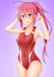Rule 34 | 1girl, ahoge, alternate costume, anti (untea9), bare shoulders, breasts, competition swimsuit, cowboy shot, gradient background, hair between eyes, hair ribbon, highres, i-168 (kancolle), kantai collection, long hair, medium breasts, one-piece swimsuit, pink hair, ponytail, purple background, red eyes, red one-piece swimsuit, ribbon, simple background, solo, swimsuit, white ribbon