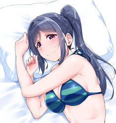 Rule 34 | 1girl, bikini, blue bikini, breasts, cleavage, closed mouth, fingernails, highres, large breasts, long hair, looking at viewer, love live!, love live! sunshine!!, lying, matsuura kanan, nail polish, on side, pillow, ponytail, purple eyes, red nails, smile, solo, striped bikini, striped clothes, swimsuit, upper body, yopparai oni