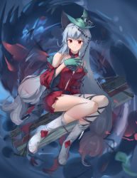 Rule 34 | 1girl, absurdres, aqua gloves, aqua hat, arknights, ascot, black ascot, black ribbon, blush, boots, case, closed mouth, clothing cutout, commentary, dress, expressionless, full body, gloves, grey hair, hair ornament, hair stick, hand on own chest, hand up, hat, highres, leg ribbon, lips, long hair, looking at viewer, low-tied long hair, monster, navel cutout, off-shoulder dress, off shoulder, official alternate costume, pjs, red dress, red eyes, ribbon, skadi (arknights), skadi the corrupting heart (arknights), solo, very long hair, white footwear