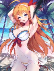 Rule 34 | 1girl, ahoge, armpits, arms behind head, arms up, bare arms, bare shoulders, beach, bead bracelet, beads, bikini, blue eyes, blue sky, blush, bracelet, braid, breasts, cleavage, collarbone, commentary request, cowboy shot, day, flower, front-tie bikini top, front-tie top, hair between eyes, hair flower, hair ornament, hair ribbon, hairband, highres, jewelry, kyundoo, large breasts, long hair, looking at viewer, navel, ocean, open mouth, orange hair, outdoors, palm tree, pecorine (princess connect!), pecorine (summer) (princess connect!), princess connect!, red ribbon, ribbon, see-through, side-tie bikini bottom, side braid, sky, smile, solo, swimsuit, teeth, tiara, tree, upper teeth only, very long hair, water, white bikini