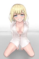 Rule 34 | 1girl, arms behind back, barefoot, blonde hair, blush, breasts, grin, hair ornament, highres, hololive, hololive english, long hair, looking at viewer, medium breasts, no bra, panties, parted lips, shadow, shin5 art, smile, solo, squatting, teeth, underwear, virtual youtuber, watson amelia