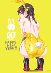 Rule 34 | 1girl, animal ears, ass, back, backless leotard, bare shoulders, breasts, brown hair, english text, hair ornament, happy new year, high heels, highres, large breasts, leotard, looking at viewer, looking back, new year, nirasawa hiyoko, original, patent heels, playboy bunny, pumps, rabbit ears, red eyes, red soles, shiny clothes, shiny skin, shoes, sideboob, solo, squatting, stiletto heels, suzutsuki kurara, twintails