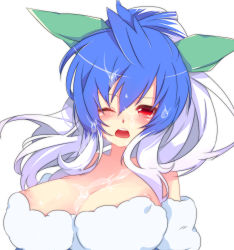 Rule 34 | 1girl, blue hair, blush, breasts, creatures (company), cum, cum on body, cum on breasts, cum on hair, cum on upper body, facial, game freak, gen 2 pokemon, highres, jumpluff, large breasts, long hair, multicolored hair, nakamura sandayo, nintendo, nipples, one eye closed, open mouth, personification, pokemon, red eyes, simple background, solo, tongue, upper body, white background, white hair, wink