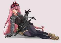 Rule 34 | absurdres, assault rifle, breasts, girls&#039; frontline, gloves, goggles, griffin &amp; kryuger, gun, gun sling, highres, holster, large breasts, long sleeves, looking at viewer, pink hair, rifle, sig mcx, sig mcx (girls&#039; frontline), sig sauer, suppressor, tactical clothes, tascalate, tattoo, weapon