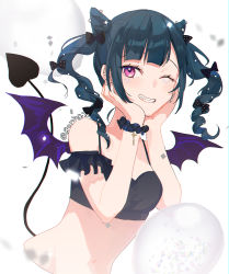 Rule 34 | 1girl, ;), alternate hairstyle, artist name, artist request, bare shoulders, bikini, black bikini, black bow, black wings, blue hair, blush, bow, breasts, demon tail, demon wings, drill hair, female focus, hair bow, hand on own face, highres, long hair, looking at viewer, love live!, love live! sunshine!!, nail, nail polish, one eye closed, parted lips, pink eyes, pink nails, pink nails, purple eyes, scrunchie, sharp teeth, smile, solo, swimsuit, tail, teeth, tsushima yoshiko, twintails, wings, wrist scrunchie