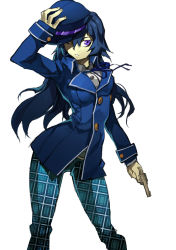 Rule 34 | 1girl, alternate hairstyle, atlus, blue eyes, blue hair, breasts, cabbie hat, gun, handgun, hat, highres, holding, holding clothes, holding hat, jacket, lamian (pixiv415608), long hair, matching hair/eyes, one eye closed, pants, persona, persona 4, persona x detective, purple eyes, revolver, shirogane naoto, simple background, solo, weapon, white background, wink