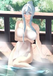 Rule 34 | 1girl, arm under breasts, barefoot, blush, breasts, cleavage, closed mouth, day, hair between eyes, highres, kamoi (kancolle), kantai collection, large breasts, long hair, looking at viewer, naked towel, onsen, outdoors, ponytail, shingyou (alexander-13), sidelocks, sitting, soaking feet, solo, steam, thick eyebrows, towel, water, wet