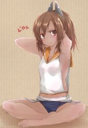 Rule 34 | 10s, 1girl, armpits, bare legs, barefoot, blush, brown eyes, brown hair, commentary request, i-401 (kancolle), indian style, kantai collection, long hair, looking at viewer, one-piece swimsuit, ponytail, sailor collar, school swimsuit, short ponytail, sitting, smile, solo, swimsuit, swimsuit under clothes, tan, yumesato makura