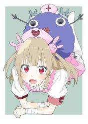 Rule 34 | 1girl, :d, apron, arm support, bad id, bad twitter id, bandages, blush, commentary, commentary request, donguri suzume, hair ornament, hat, heart, highres, legs up, light brown hair, long hair, looking at viewer, lying, natori sana, nurse cap, on stomach, open mouth, pink apron, pink hat, puffy short sleeves, puffy sleeves, rabbit hair ornament, red eyes, saana-kun, sana channel, short sleeves, simple background, smile, two side up, virtual youtuber, white legwear