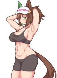 Rule 34 | 1girl, absurdres, animal ears, armpits, arms up, black shorts, black sports bra, breasts, brown hair, cleavage, commentary request, ear covers, green eyes, hair tie, hakutaqanta, highres, horse ears, horse girl, ines fujin (umamusume), large breasts, long hair, mouth hold, navel, ponytail, shorts, sideboob, simple background, single ear cover, solo, sports bra, sweat, umamusume, visor cap, white background