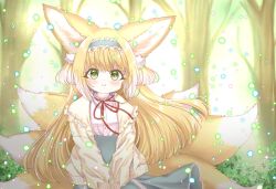 Rule 34 | 1girl, animal ear fluff, animal ears, aqua hairband, aqua skirt, arknights, artist name, blonde hair, blush, cardigan, closed mouth, commentary request, cross-laced clothes, cross-laced skirt, cross-laced slit, forest, fox ears, fox girl, fox tail, frilled hairband, frills, green eyes, hair ornament, hair scrunchie, hairband, high-waist skirt, highres, kitsune, kyuubi, long sleeves, looking at viewer, multicolored hair, multiple tails, nature, neck ribbon, nuu-san, official alternate costume, open cardigan, open clothes, outdoors, puffy long sleeves, puffy sleeves, red ribbon, ribbon, scrunchie, shirt, skirt, smile, split mouth, suzuran (arknights), suzuran (spring praise) (arknights), tail, twitter username, two-tone hair, white hair, white shirt, yellow cardigan